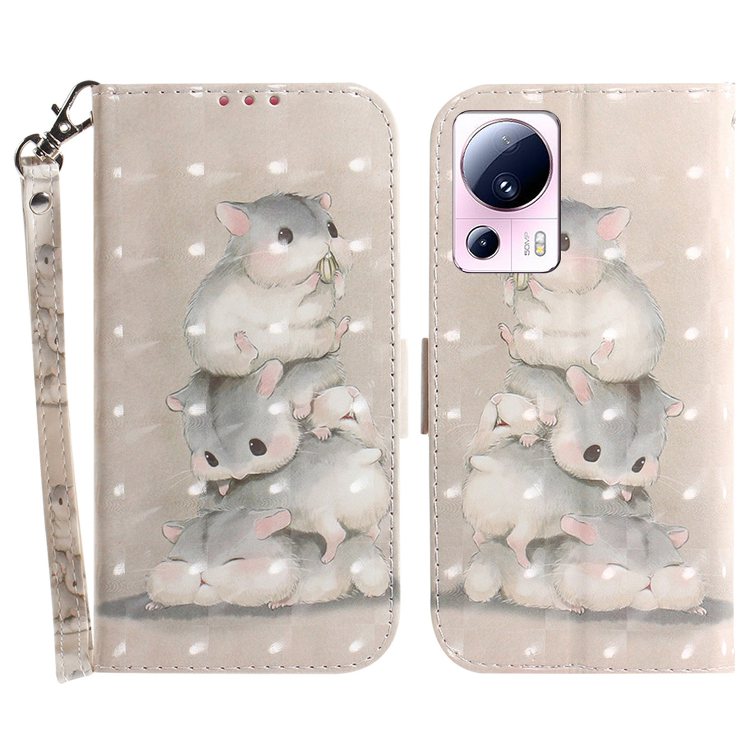 

Für Xiaomi 13 Lite / Civi 2 5G Telefon PU Leder Hülle, Brieftaschenstandmuster Druckabdeckung Mit Riemen - Eichhörnchen Stapeln, Xiaomi 13 Lite