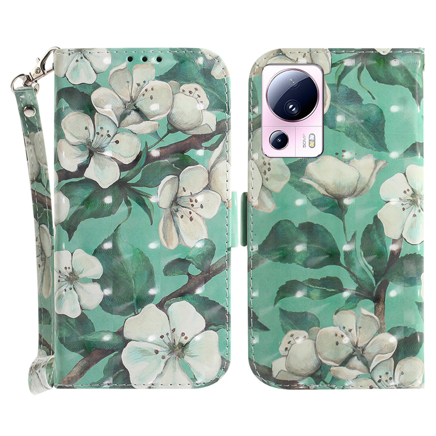 

Für Xiaomi 13 Lite / Civi 2 5G Telefon PU Leder Hülle, Brieftaschenstandmuster Druckabdeckung Mit Riemen - Aquarellblüten, Xiaomi 13 Lite