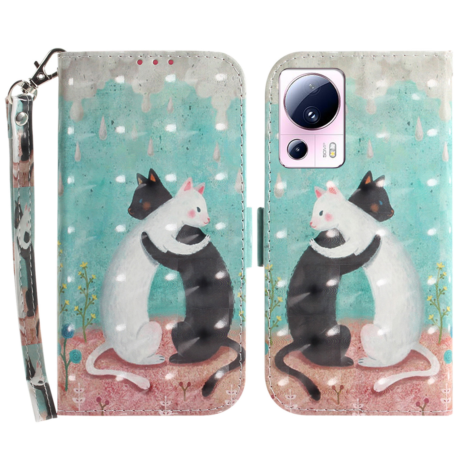 

Für Xiaomi 13 Lite / Civi 2 5G Telefon PU Leder Hülle, Brieftaschenstandmuster Druckabdeckung Mit Riemen - Zwei Katzen, Xiaomi 13 Lite