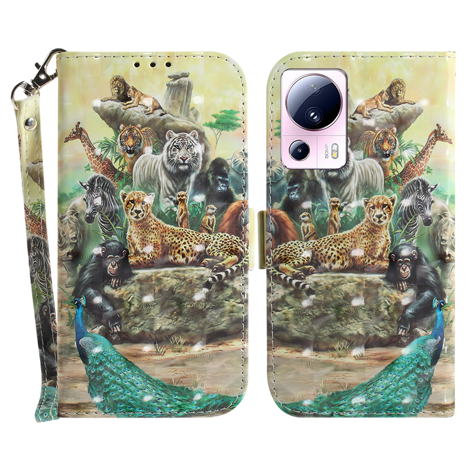 

Für Xiaomi 13 Lite / Civi 2 5G Telefon PU Leder Hülle, Brieftaschenstandmuster Druckabdeckung Mit Riemen - Tiere, Xiaomi 13 Lite