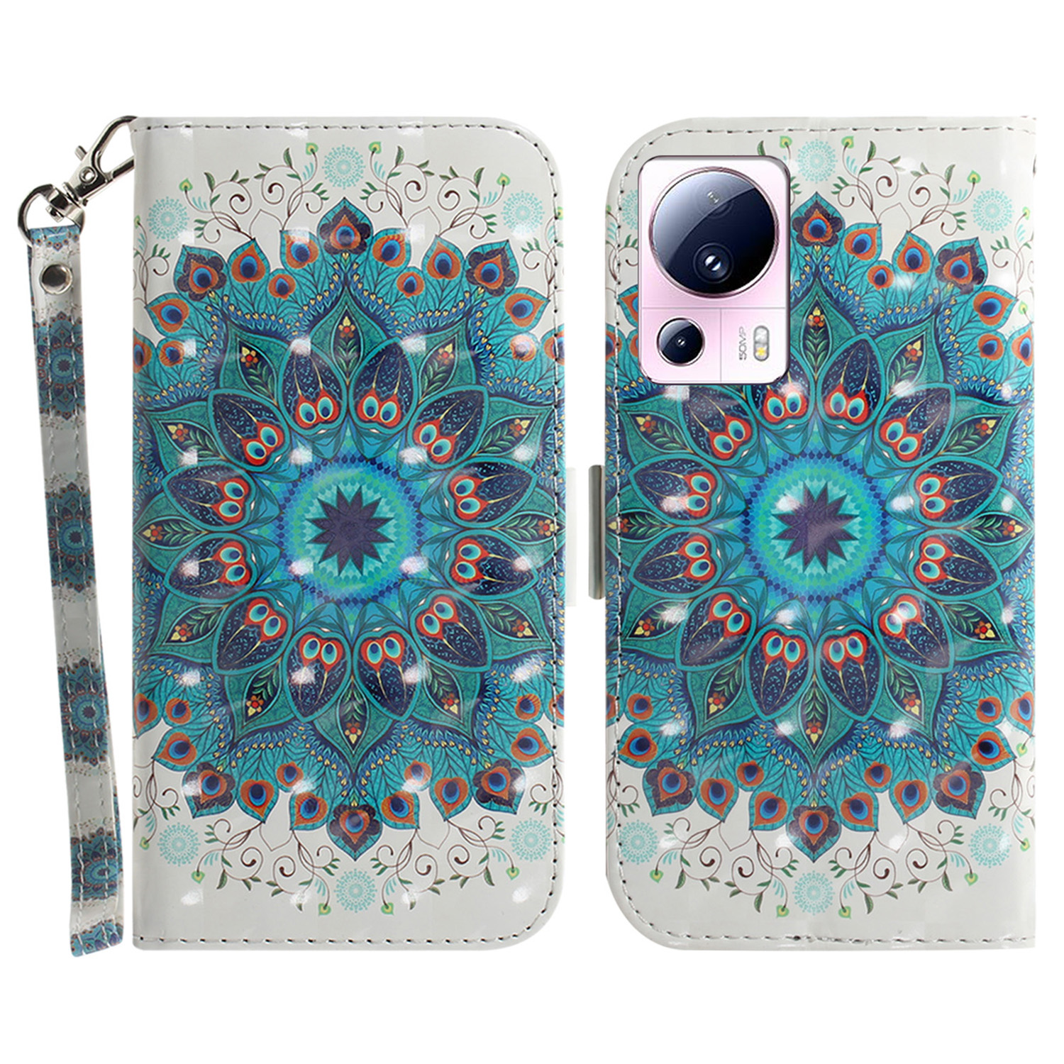 

Für Xiaomi 13 Lite / Civi 2 5G Telefon PU Leder Hülle, Brieftaschenstandmuster Druckabdeckung Mit Riemen - Pfauenkranz, Xiaomi 13 Lite