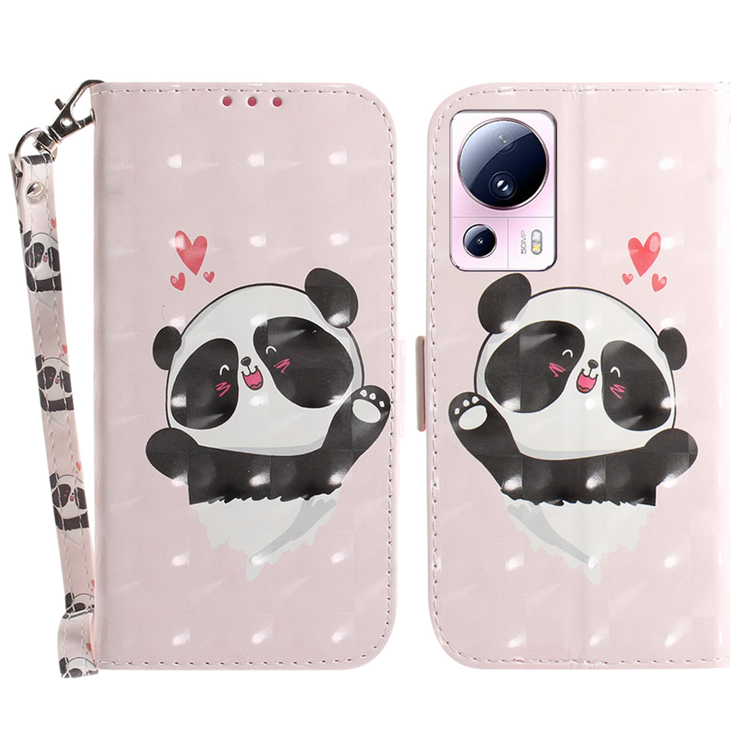 

Für Xiaomi 13 Lite / Civi 2 5G Telefon PU Leder Hülle, Brieftaschenstandmuster Druckabdeckung Mit Riemen - Liebe Herz Panda, Xiaomi 13 Lite