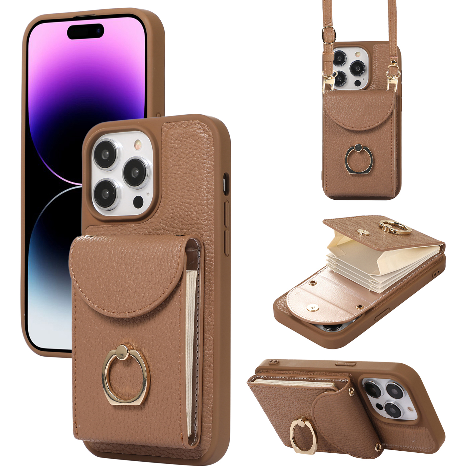 

Für Iphone 14 Pro Max Accordion Style Card Slots Hülle Lederbeschichtete TPU -telefon -kickständer Mit Schultergurt - Braun, iPhone 14 Pro Max