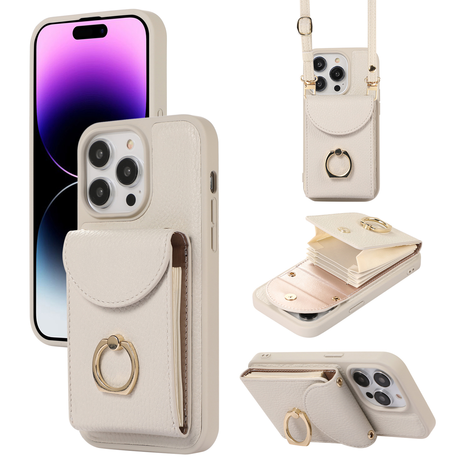 

Für Iphone 14 Pro Max Accordion Style Card Slots Hülle Lederbeschichtete TPU -telefon -kickständer Mit Schultergurt - Weiss, iPhone 14 Pro Max