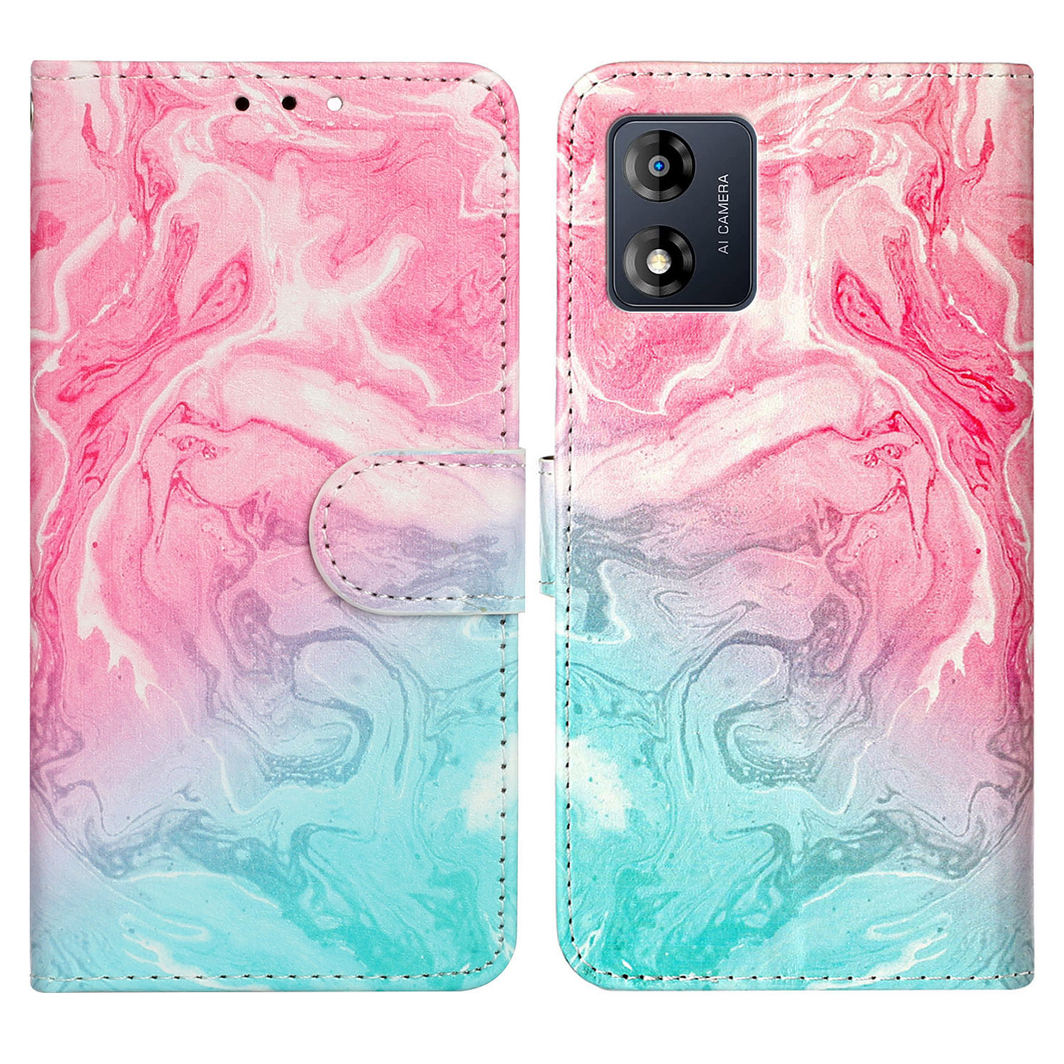 

Für Motorola Moto E13 4G PU Ledermuster Druckphase Hülle Wallet Ständer Flip Folio Schutzabdeckung - Pink Green Marmor, Motorola Moto E13 4G