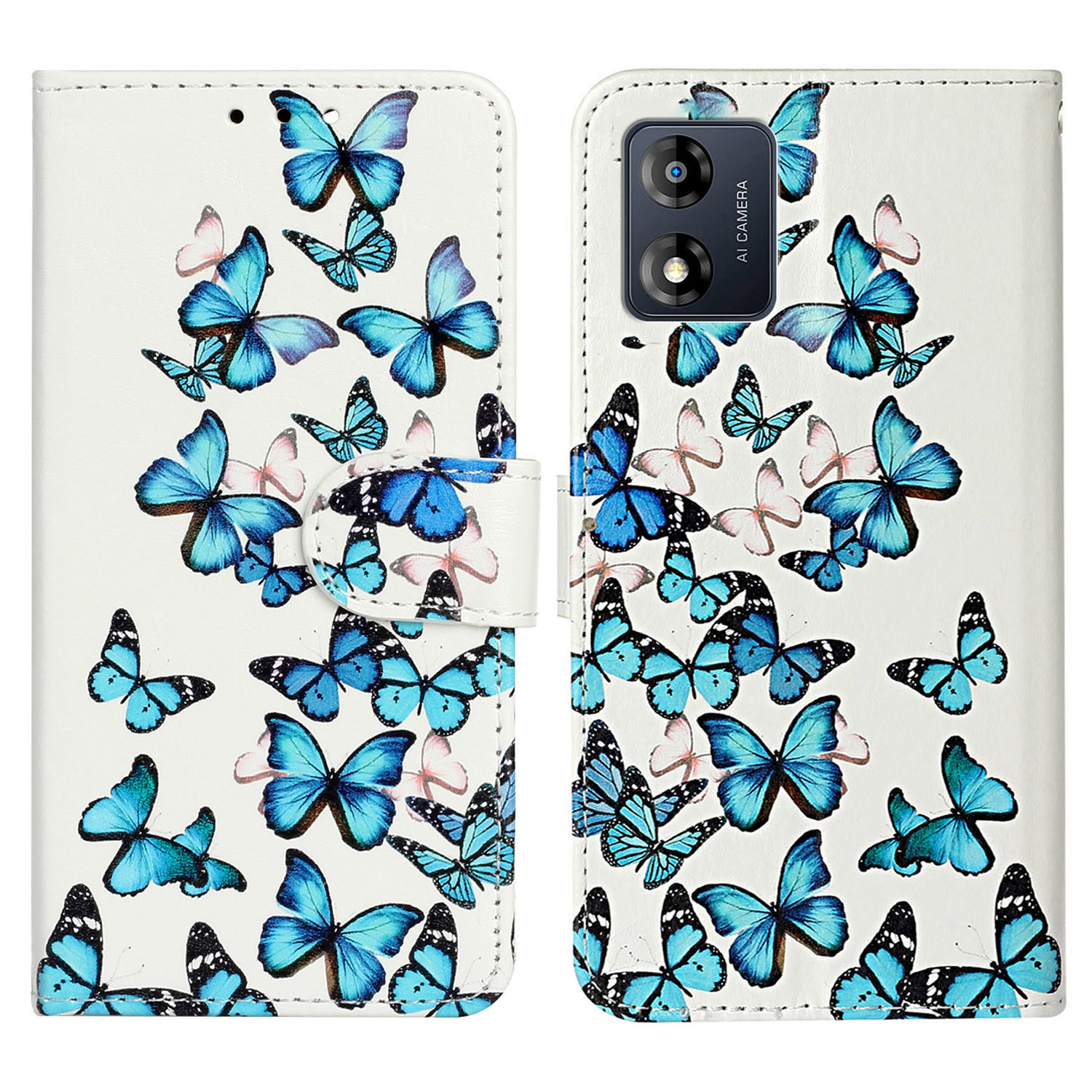 

Für Motorola Moto E13 4G PU Ledermuster Druckphase Hülle Wallet Ständer Flip Folio Schutzabdeckung - Blaue Schmetterlinge, Motorola Moto E13 4G