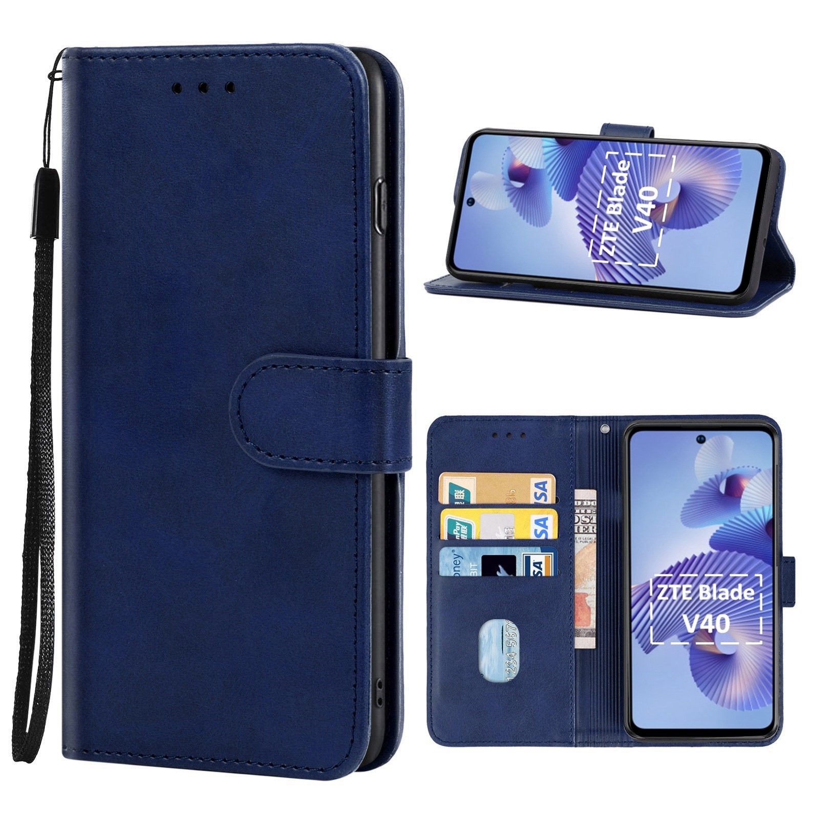 

Kalbstextur Leder -telefonabdeckung Für ZTE Blade V40, Telefon Brieftasche Hülle Mit Riemen - Blau, ZTE Blade V40