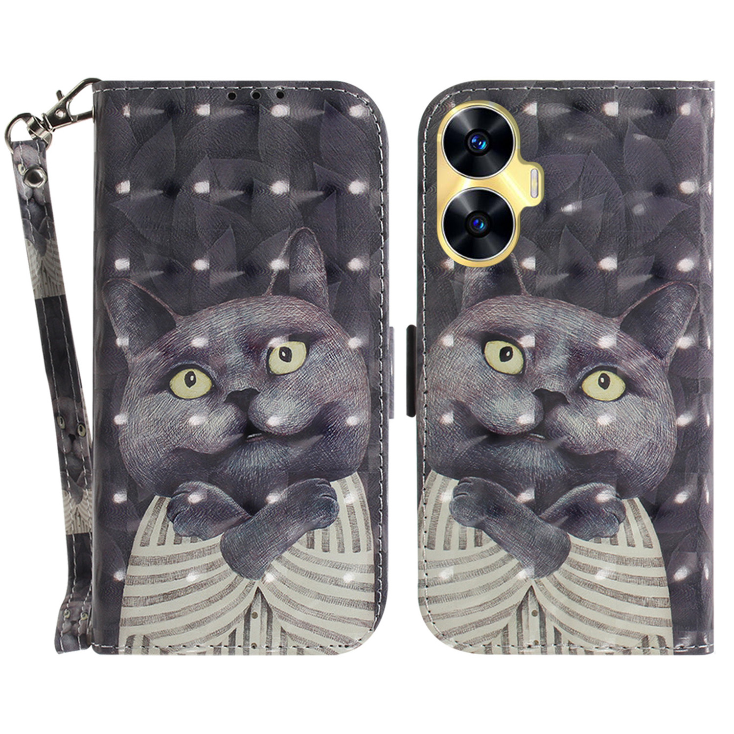 

Für Realme C55 Anti-kollisionsmuster-druckkoffer PU Leder-brieftasche Telefonabdeckung Mit Riemen - Katze Umarmen, Realme C55