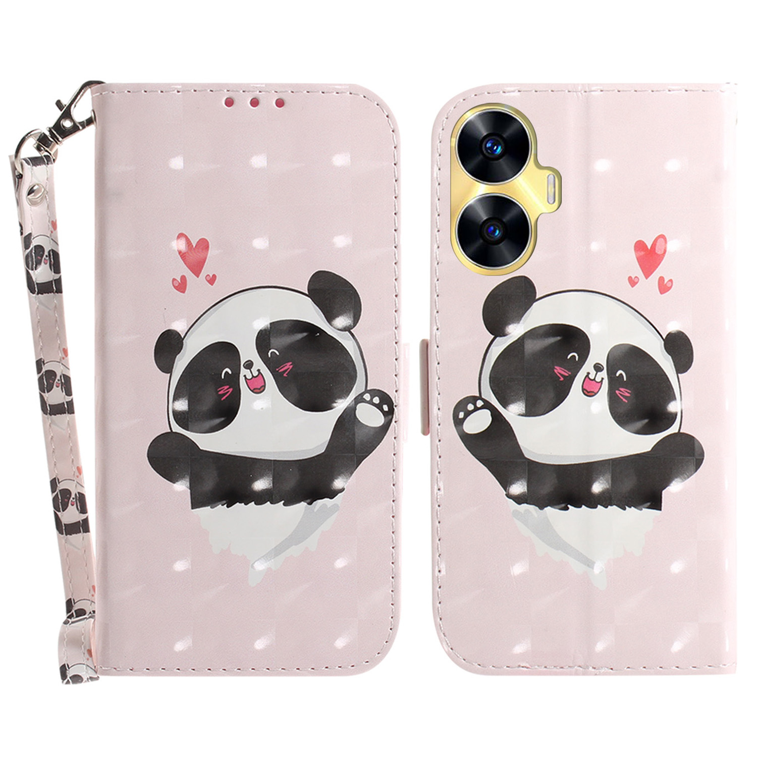 

Für Realme C55 Anti-kollisionsmuster-druckkoffer PU Leder-brieftasche Telefonabdeckung Mit Riemen - Liebe Herz Panda, Realme C55