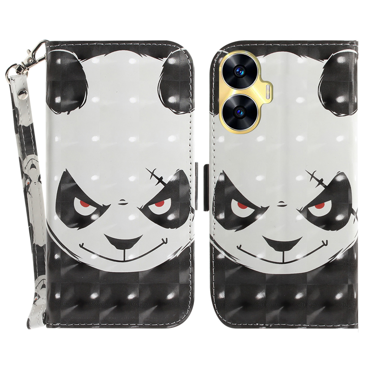 

Für Realme C55 Anti-kollisionsmuster-druckkoffer PU Leder-brieftasche Telefonabdeckung Mit Riemen - Wütender Panda, Realme C55