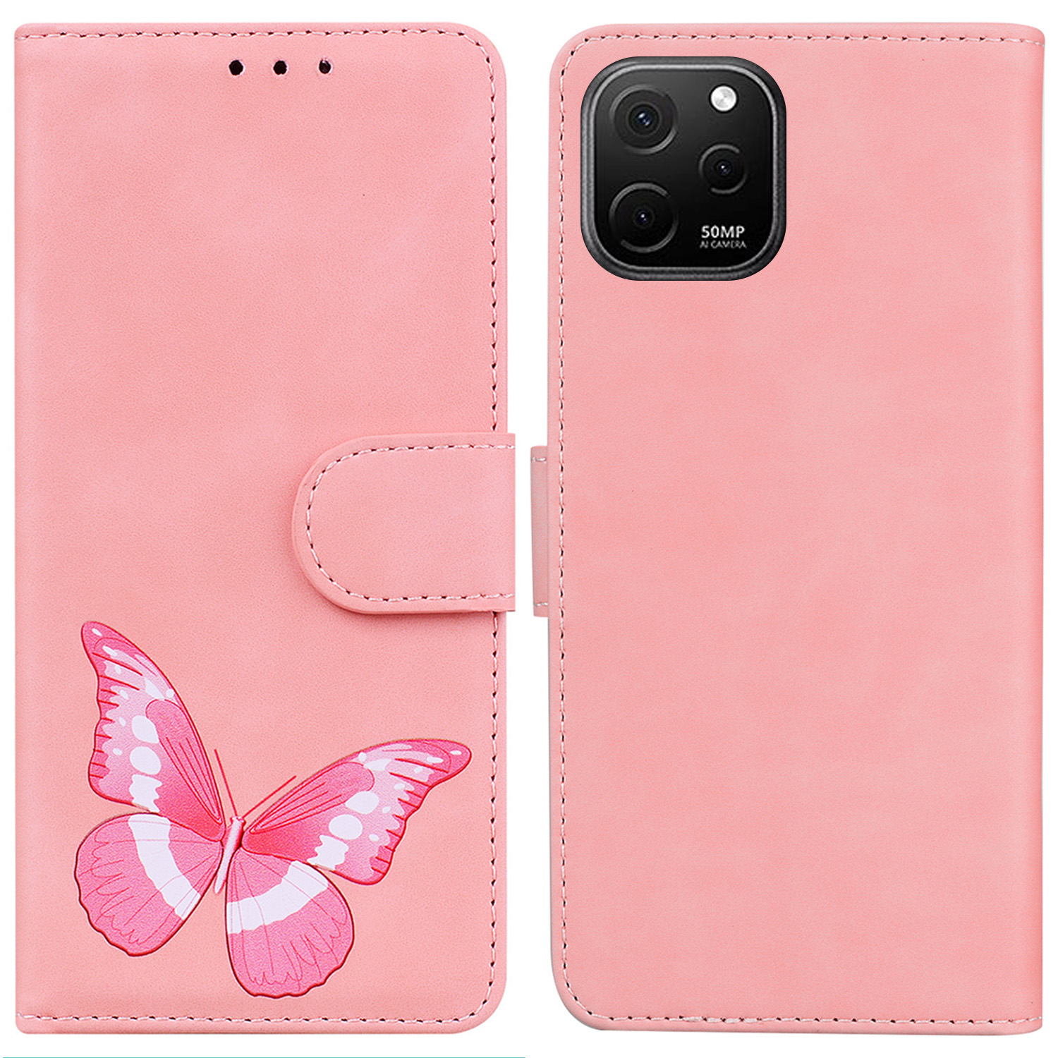 

Lederabdeckung Für Huawei Nova Y61 4G / Genießen Sie 50z 4G Schmetterlingsdruckdruck Hauttouch Flip Wallet Stand Telefon. - Rosa, Huawei nova Y61 4G