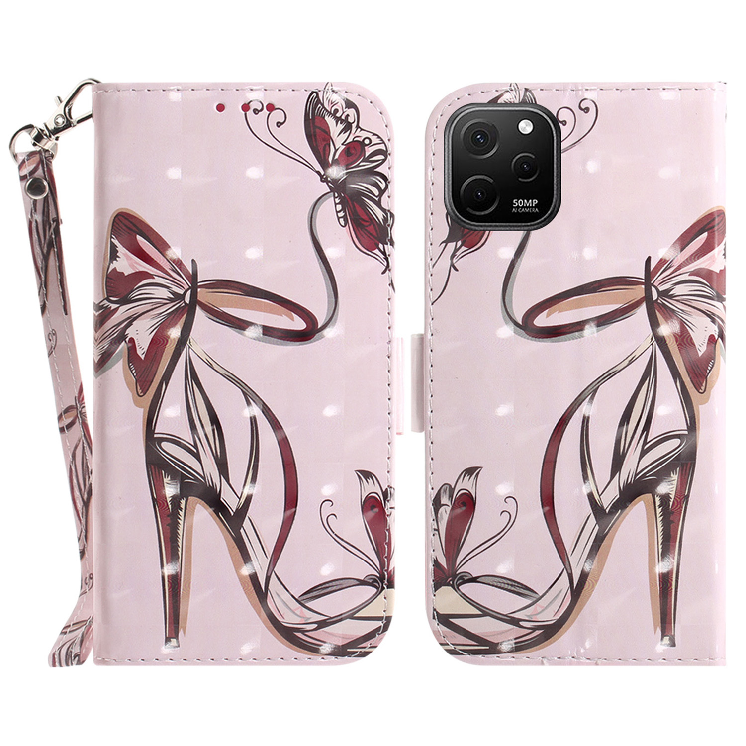 

Für Huawei Nova Y61 4g / Genießen Sie 50z 4G Muster Druckkoffer Brieftasche. - Butterfly High Heels, Huawei nova Y61 4G