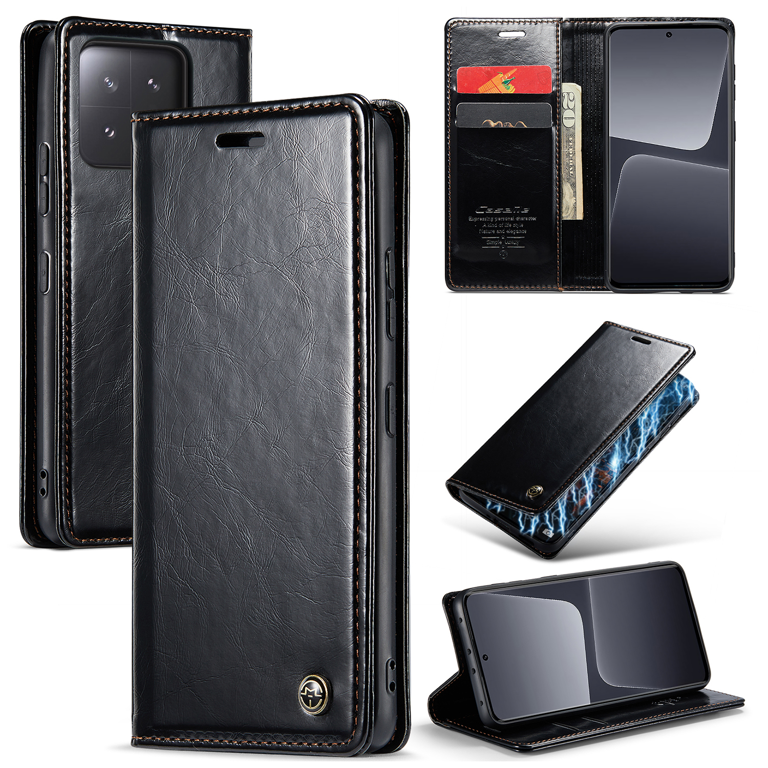 

Caseme 003 -serie Für Xiaomi 13 Pro 5G PU Leder Waxy Hülle Crazy Horse Textur Wallet Stand Cover - Schwarz, Xiaomi 13 Pro 5G