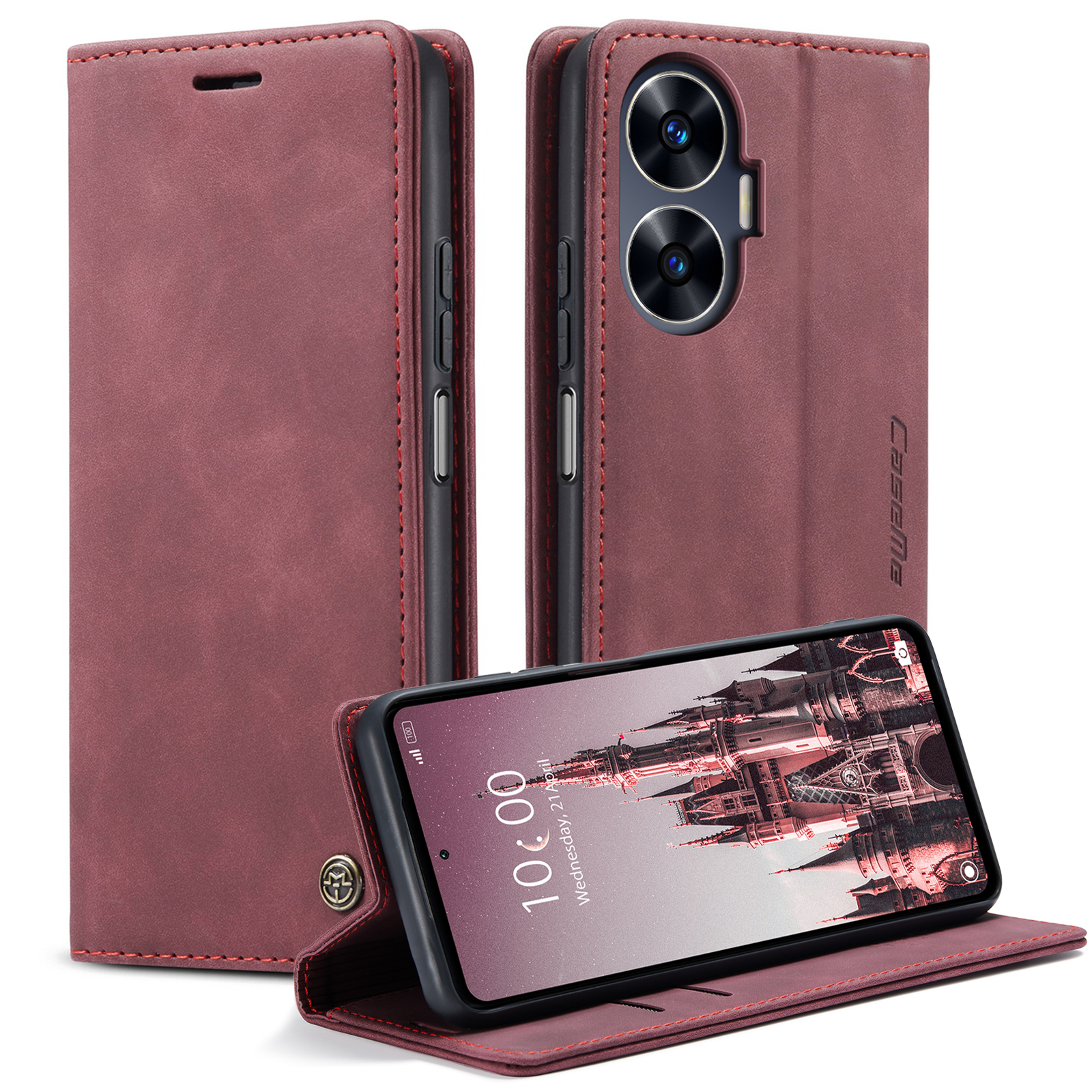 

Caseme 013-serie Für Realme C55 PU Leder Brieftaschenschale Drop-proof Flip Ständer Telefonhülle - Weinrot, Realme C55