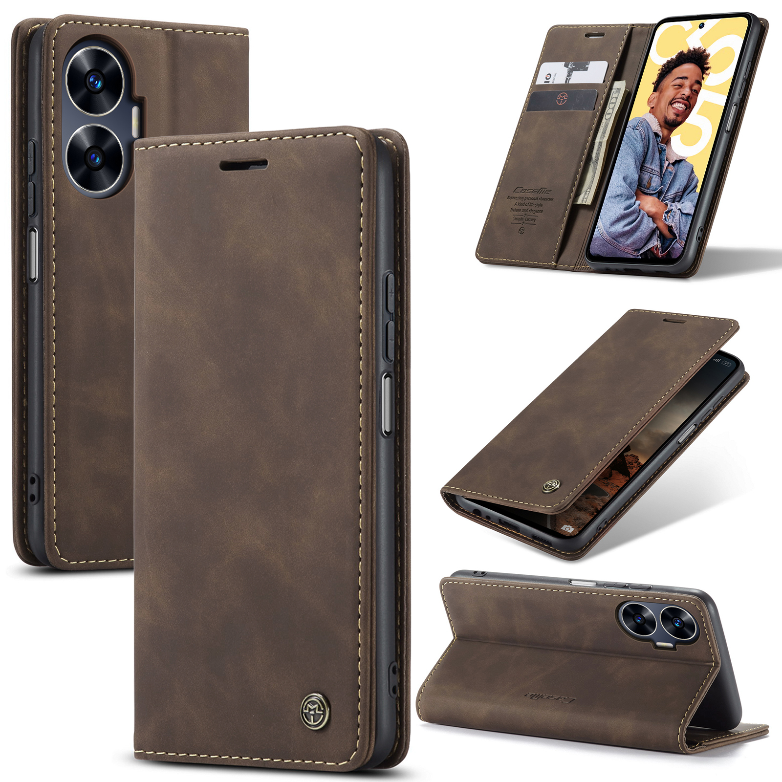 

Caseme 013-serie Für Realme C55 PU Leder Brieftaschenschale Drop-proof Flip Ständer Telefonhülle - Kaffee, Realme C55