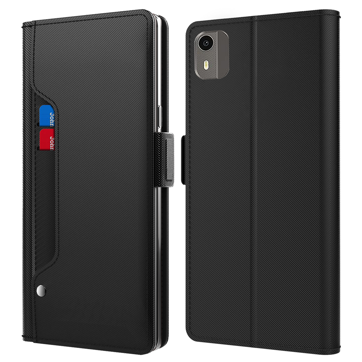 

Für Nokia C12 Pro Drop Resistant Leder Flip Cover Mit Spiegelkartenhalter Stand Telefonhülle - Schwarz, Nokia C12 Pro