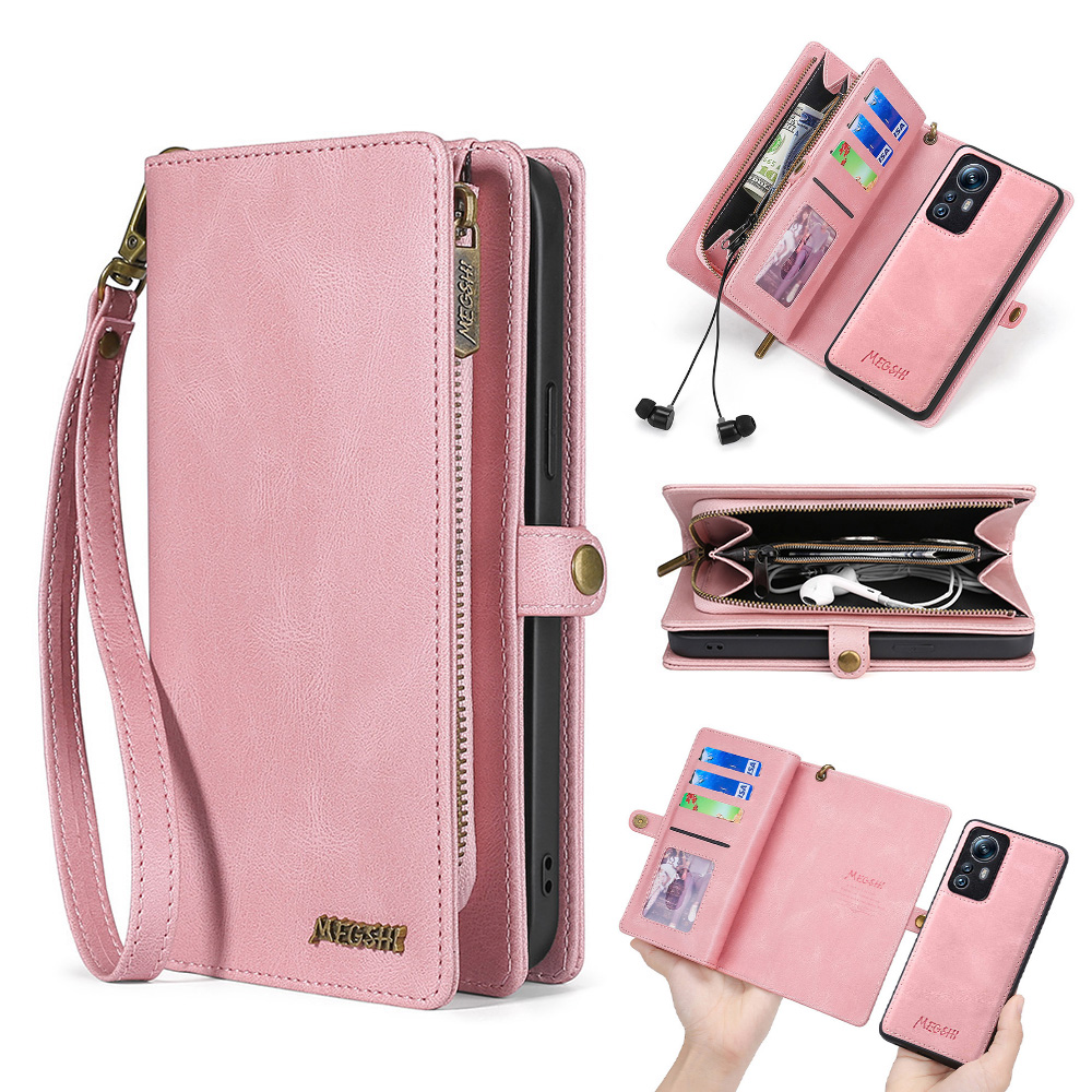 

MEGSHI 017 Serie Magnetic Saug Abnehmbare Abdeckung Für Xiaomi 12 Pro 5g / 12s Pro 5g / 12 Pro (abmessung) 5G Reißverschluss Brieftasche Ledertasche - Roségold, Xiaomi 12 Pro 5G