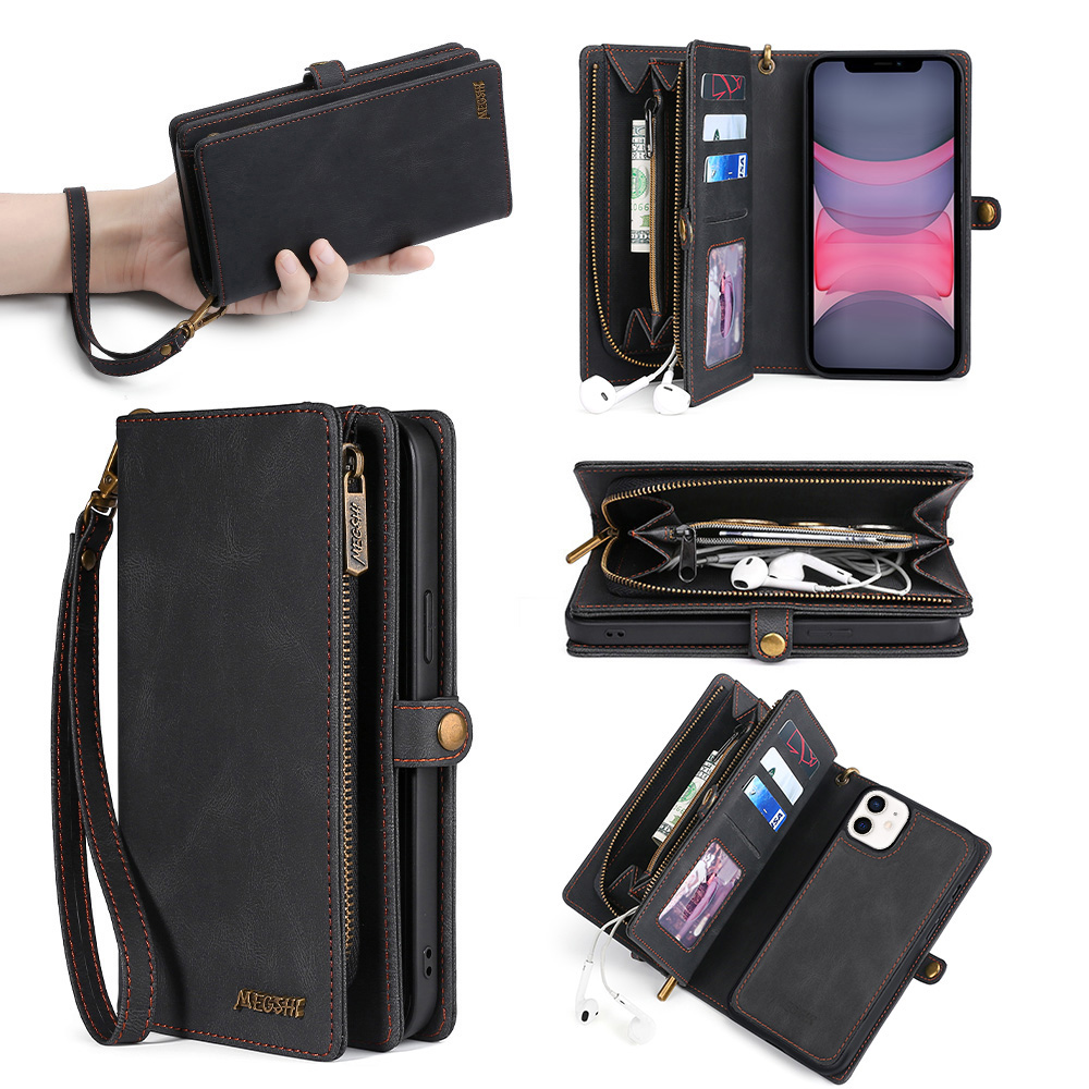 

MEGSHI 017 -serie Für Iphone 12 Mini 5,4 Zoll Magnetisch Saugabnehmbarer Abdeckung Reißverschluss Brieftasche Ledertasche - Schwarz, iPhone 12 mini