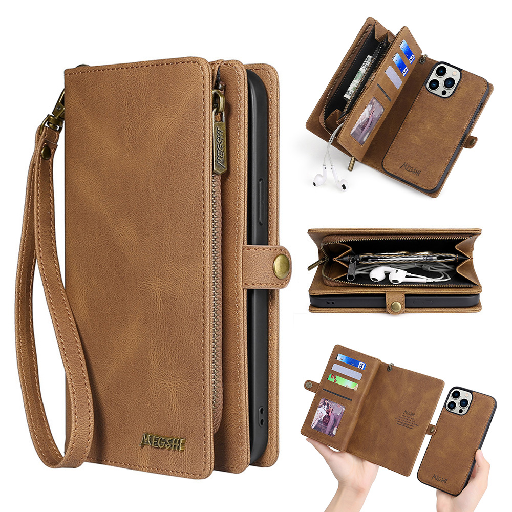 

Megshi 017 -serie Für Iphone 14 Pro Abnehmbare Magnetabdeckung Mit Handgelenksgurt Reißverschluss Brieftasche Ledertasche - Braun, iPhone 14 Pro