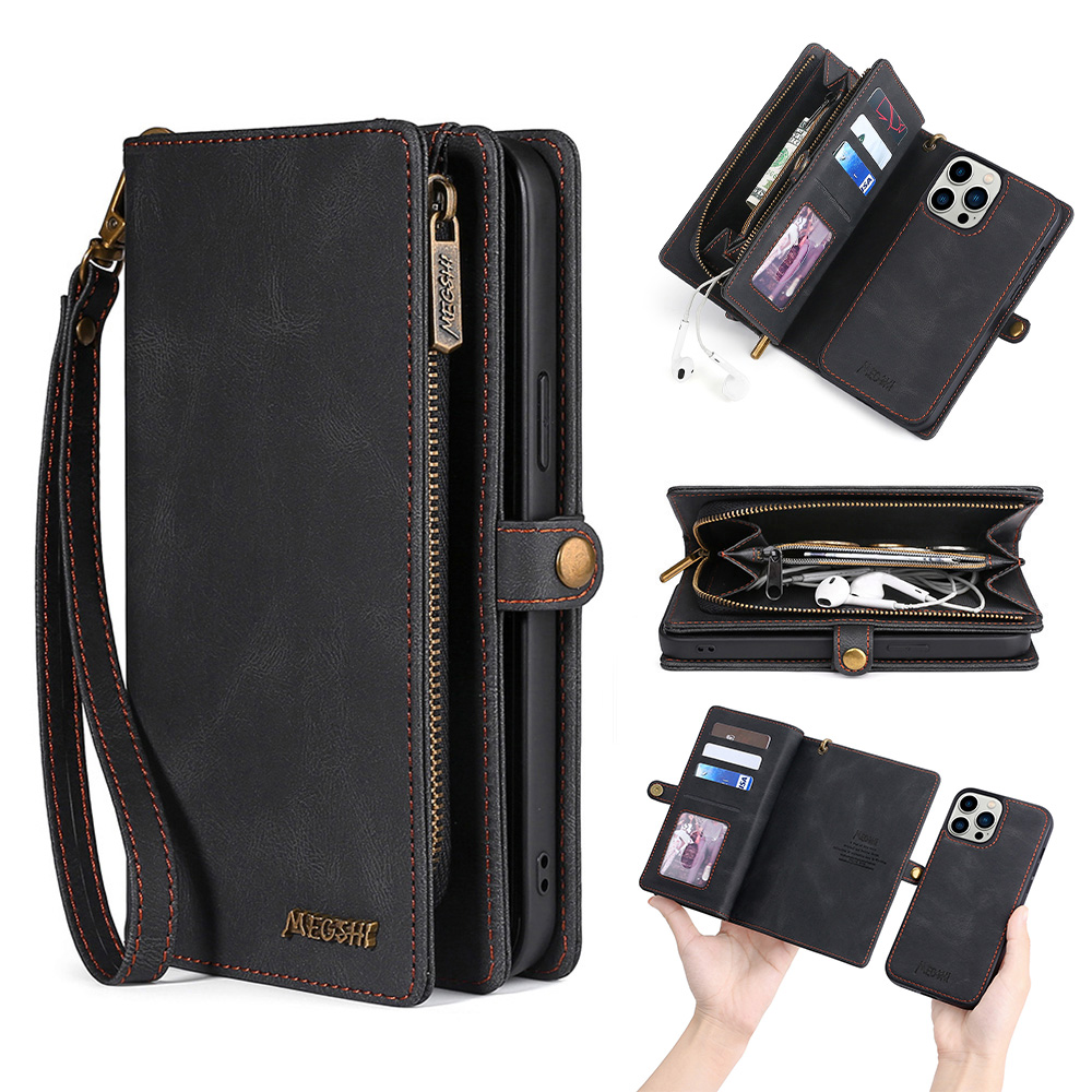 

Megshi 017 -serie Für Iphone 14 Pro Abnehmbare Magnetabdeckung Mit Handgelenksgurt Reißverschluss Brieftasche Ledertasche - Schwarz, iPhone 14 Pro