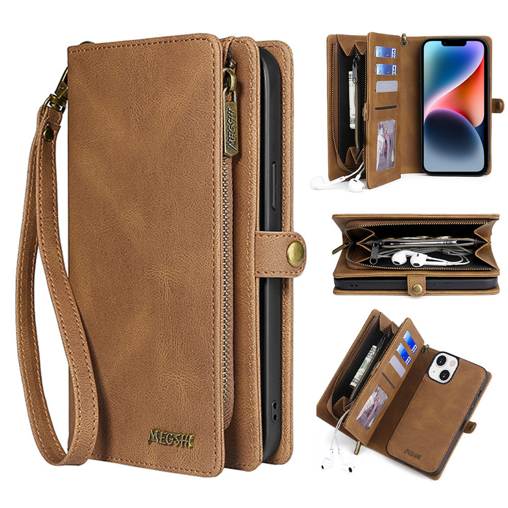 

Megshi 017 -serie Für Iphone 14 Abnehmbare Lederhülle Magnetische Absorption Reißverschluss Brieftasche Mit Handlichem Riemen - Braun, iPhone 14