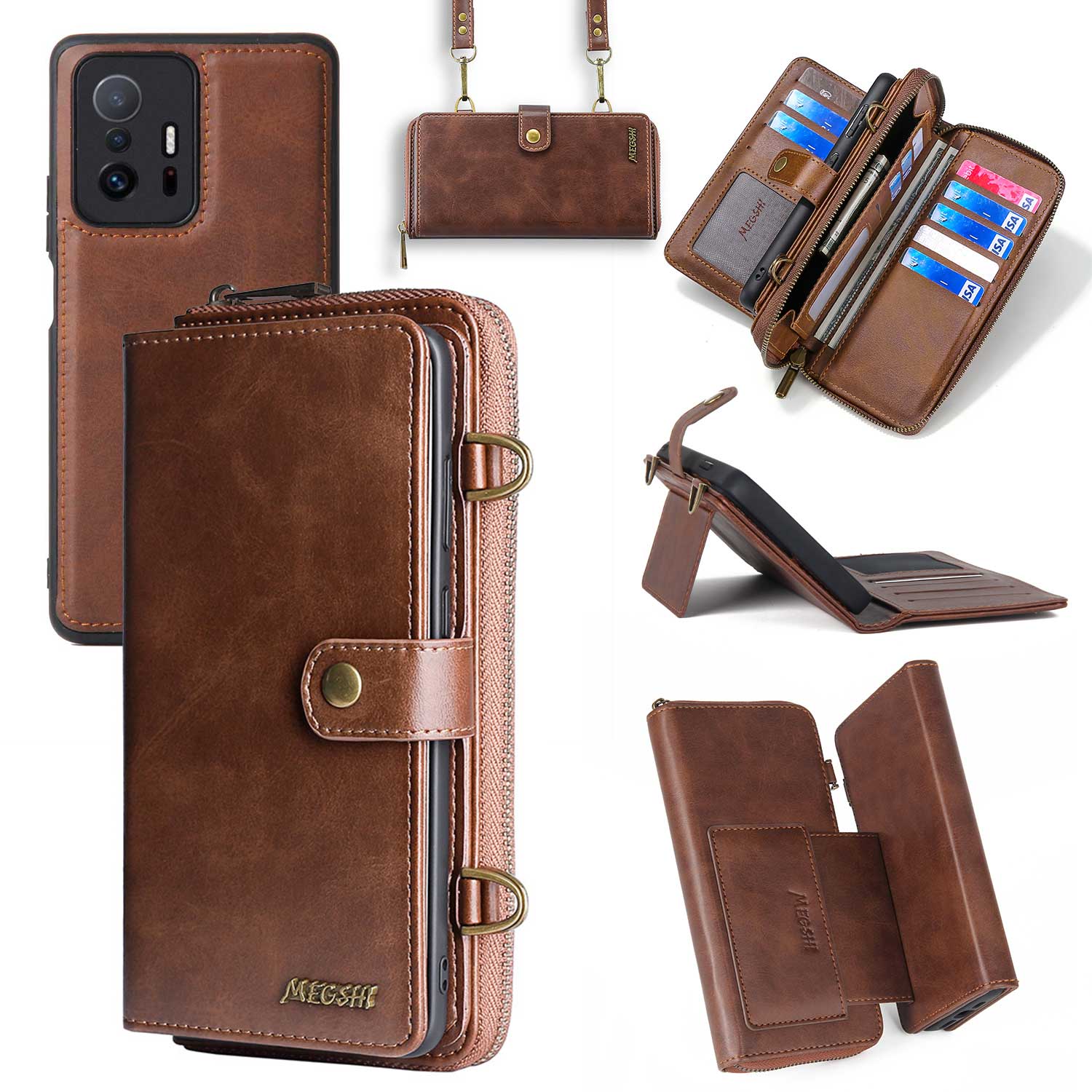 

Megshi 020 -serie PU Leder+pc+tpu Standabdeckung Für Xiaomi 11t 5G / 11t Pro 5G Abnehmbar 2-in-1-brieftaschenfall - Braun, Xiaomi 11T 5G