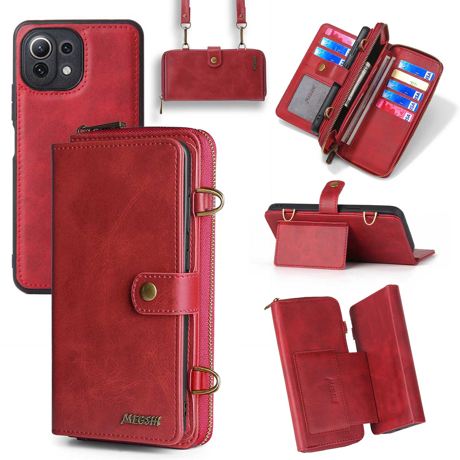 

Megshi 020 -serie Für Xiaomi Mi 11 Lite 4g / 5g / 11 Lite 5G NE Abnehmbare 2-in-1-brieftasche PU Leder+pc+tpu Telefon Hülle Ständer Cover - Rot, Xiaomi 11 Lite 5G NE