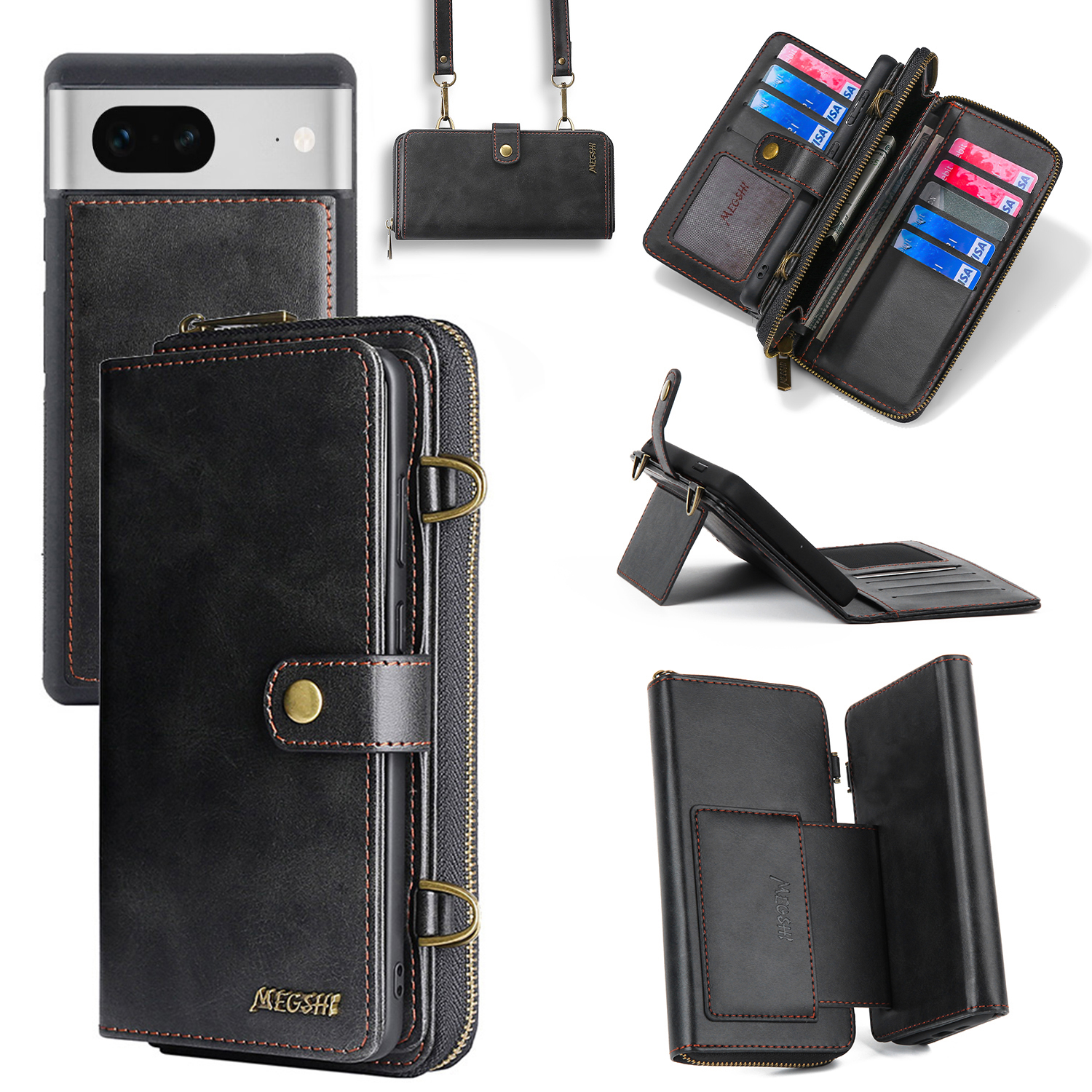 

MEGSHI 020-serie Für Google Pixel 7 5G Abnehmbar 2-in-1-brieftaschenabdeckung Anti-kollision PU Leder+pc+tpu-telefonständer Hülle - Schwarz, Google Pixel 7 5G