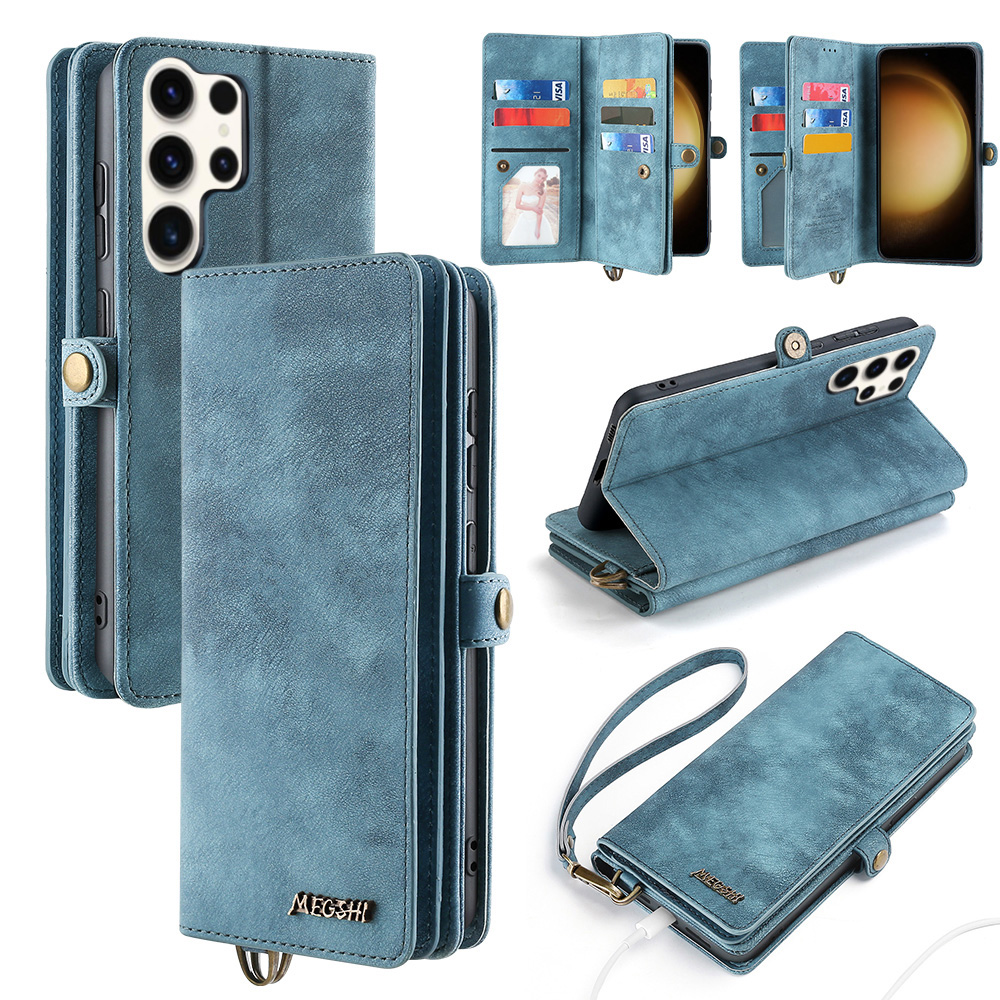 

MEGSHI 021-serie Für Samsung Galaxy S23 Ultra-anti-staub-pu-leder-telefonständer Abnehmbarer Brieftaschenmagnet-telefonhülle - Blau, Galaxy S23 Ultra