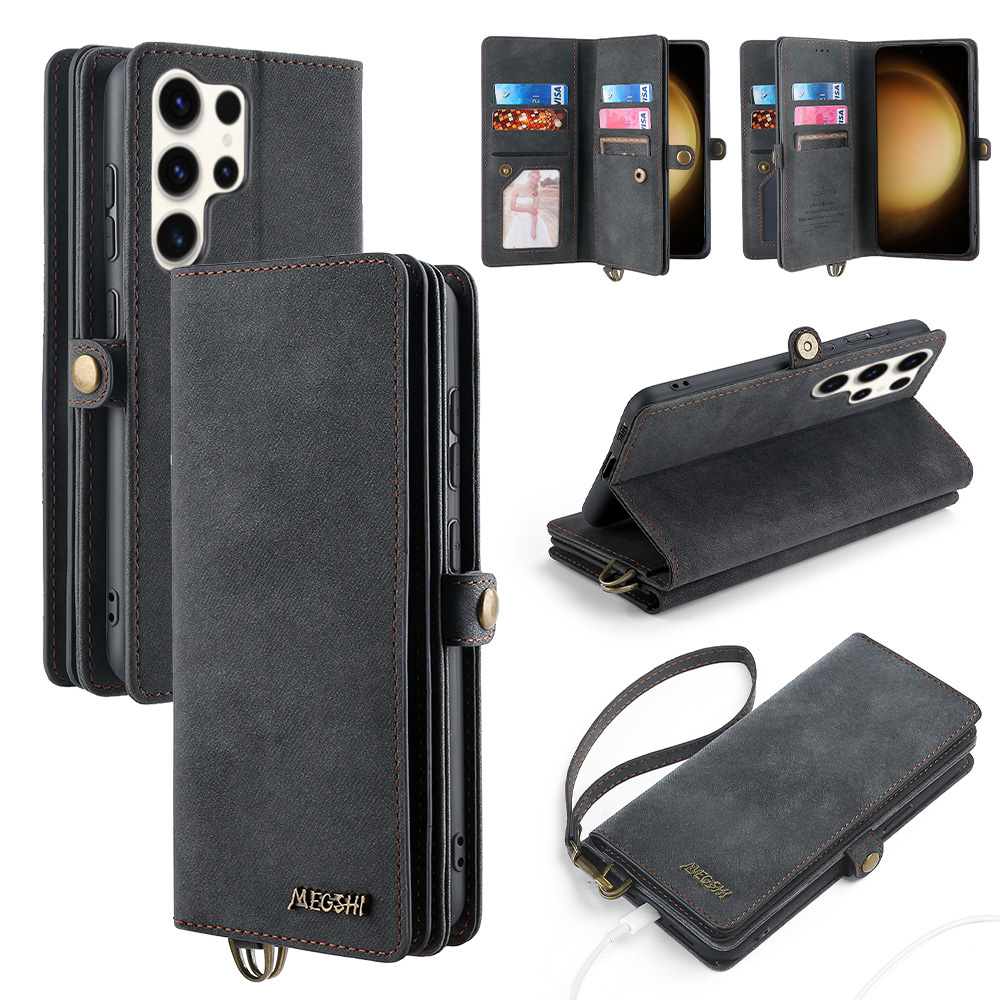 

MEGSHI 021-serie Für Samsung Galaxy S23 Ultra-anti-staub-pu-leder-telefonständer Abnehmbarer Brieftaschenmagnet-telefonhülle - Schwarz, Galaxy S23 Ultra