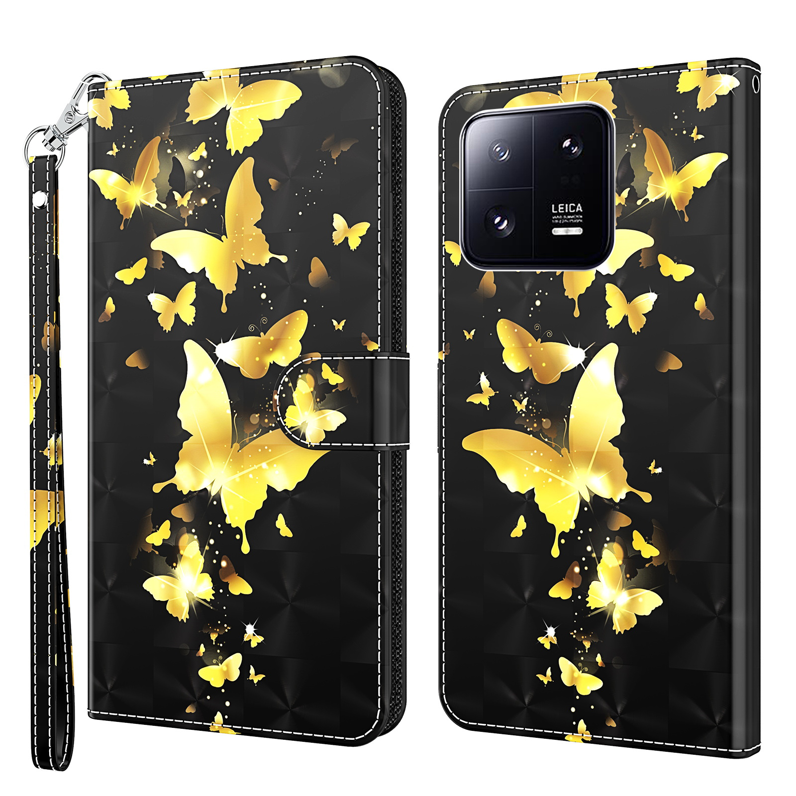 

Für Xiaomi 13 Pro 5G 3D -muster Druckleder -leder -telefonabdeckungsständer Brieftaschen -smartphone -hülle Mit Riemen - Goldene Schmetterlinge, Xiaomi 13 Pro 5G