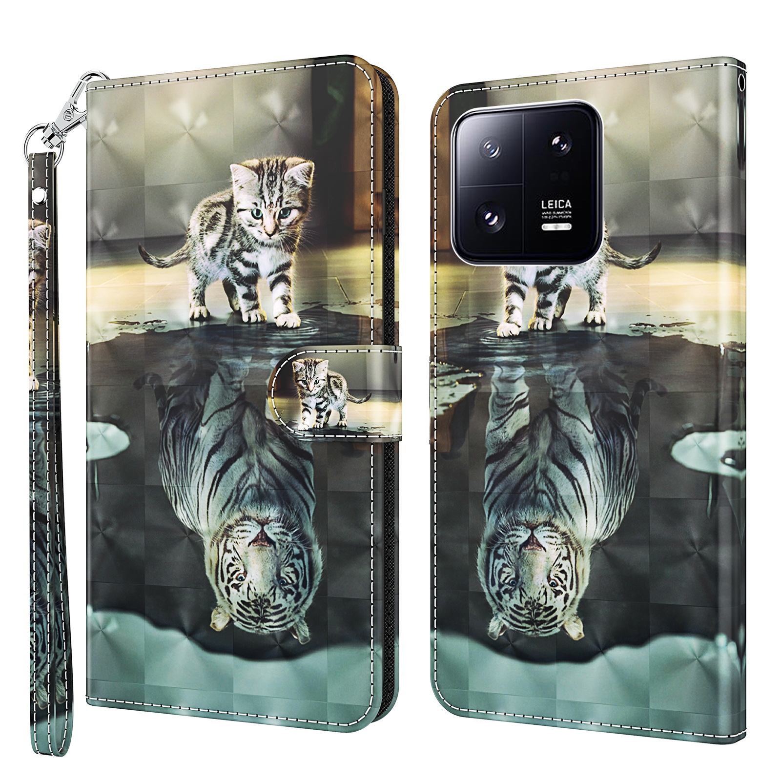 

Für Xiaomi 13 Pro 5G 3D -muster Druckleder -leder -telefonabdeckungsständer Brieftaschen -smartphone -hülle Mit Riemen - Katze Und Tiger, Xiaomi 13 Pro 5G
