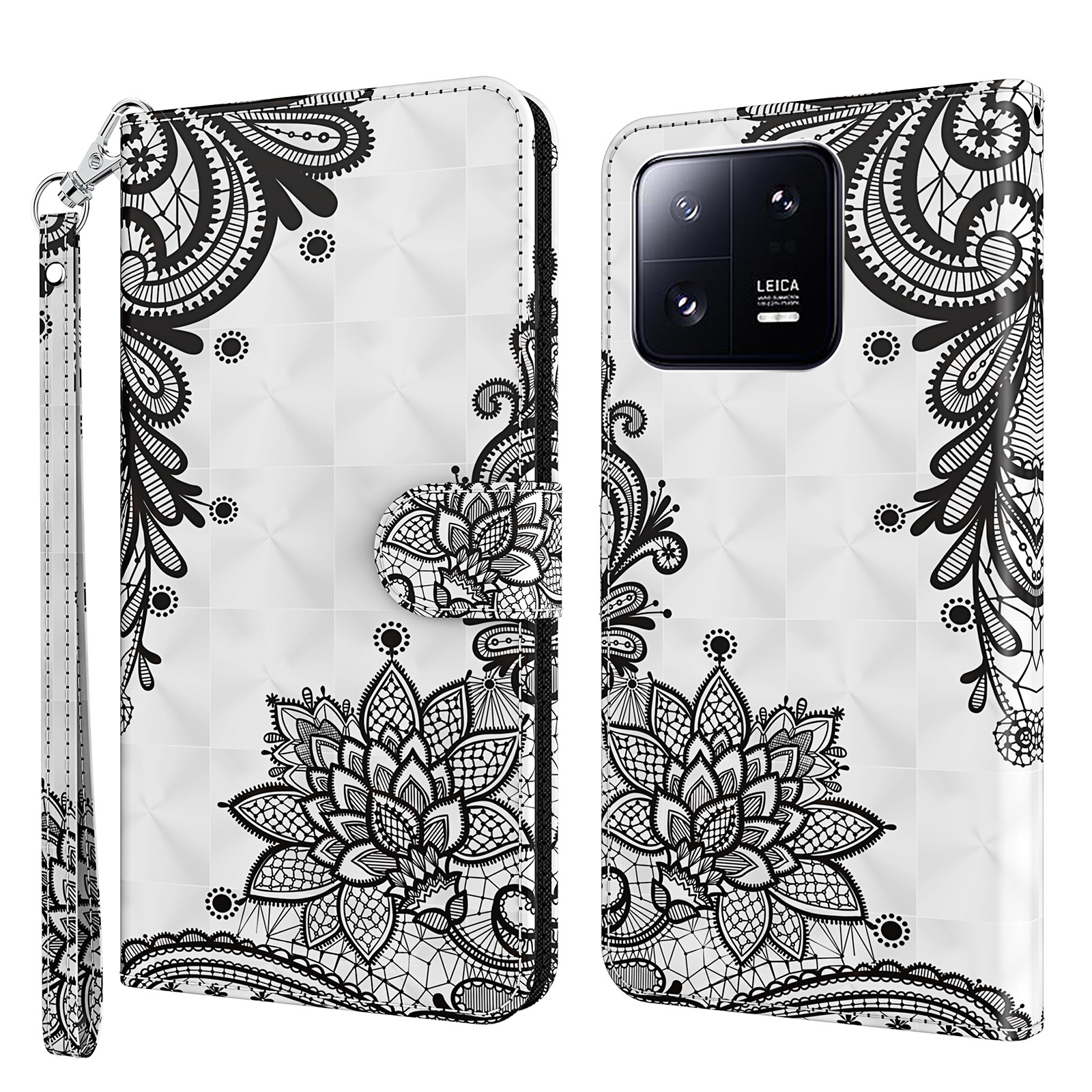 

Für Xiaomi 13 Pro 5G 3D -muster Druckleder -leder -telefonabdeckungsständer Brieftaschen -smartphone -hülle Mit Riemen - Spitzenblume, Xiaomi 13 Pro 5G