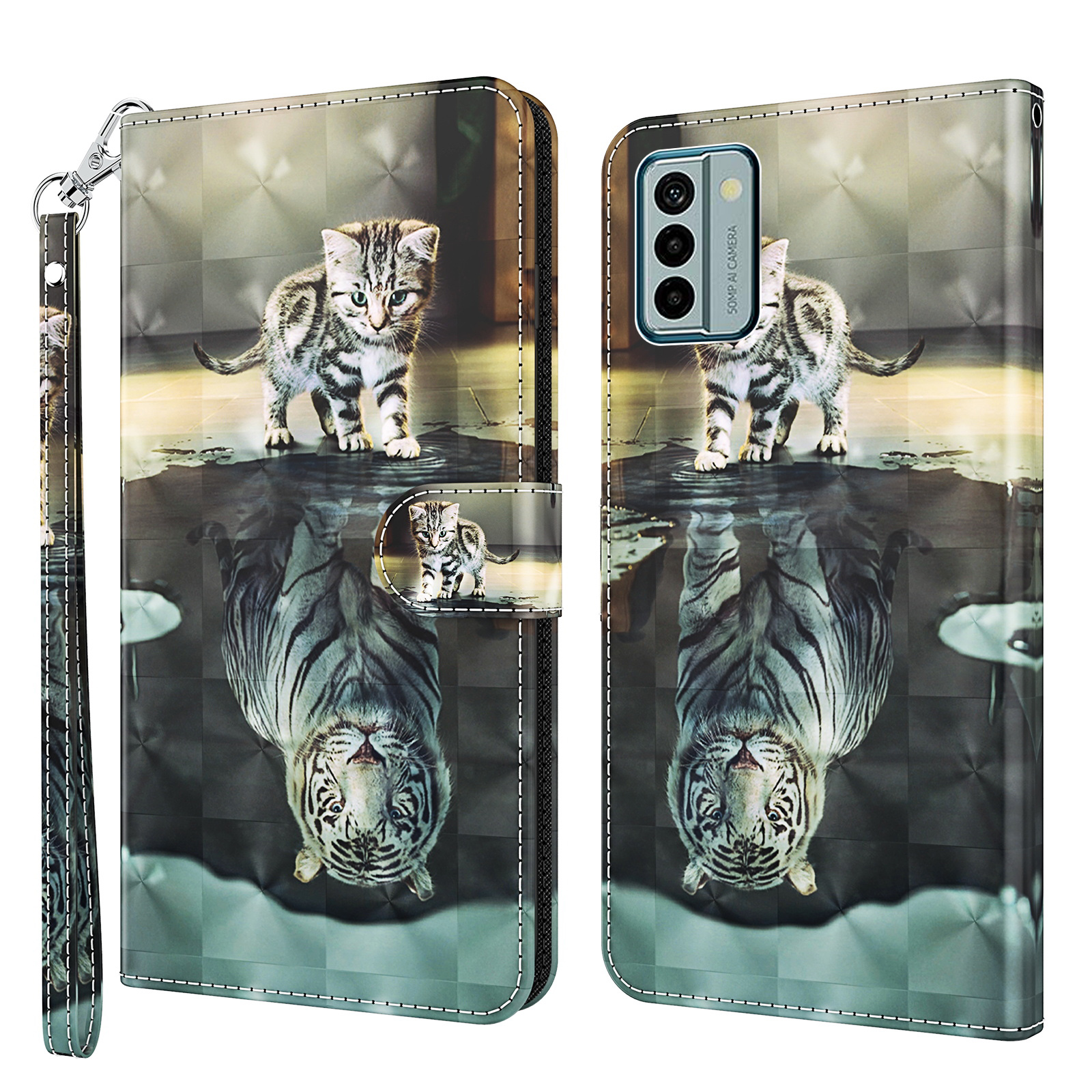 

Für Nokia G22 3D -muster Druckphase Leder Hülle Ständer Handy Brieftasche Mit Riemen - Katze Und Tiger, Nokia G22