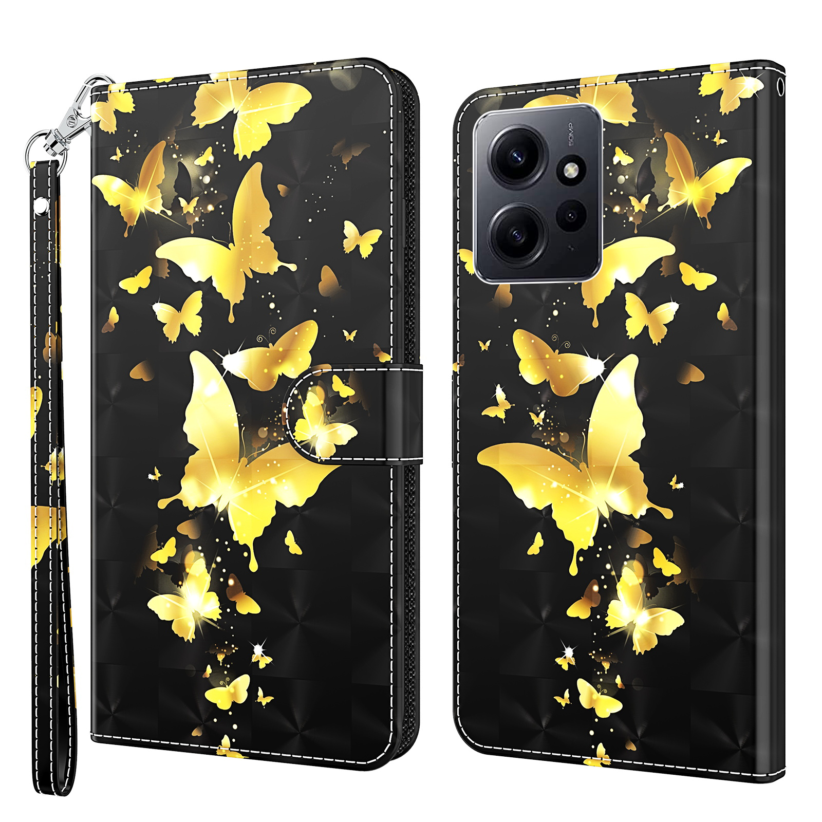 

Für Xiaomi Redmi Note 12 4G Wallet Leder Telefonhülle 3D -musterdruckständer Mit Riemen - Goldene Schmetterlinge, Xiaomi Redmi Note 12 4G
