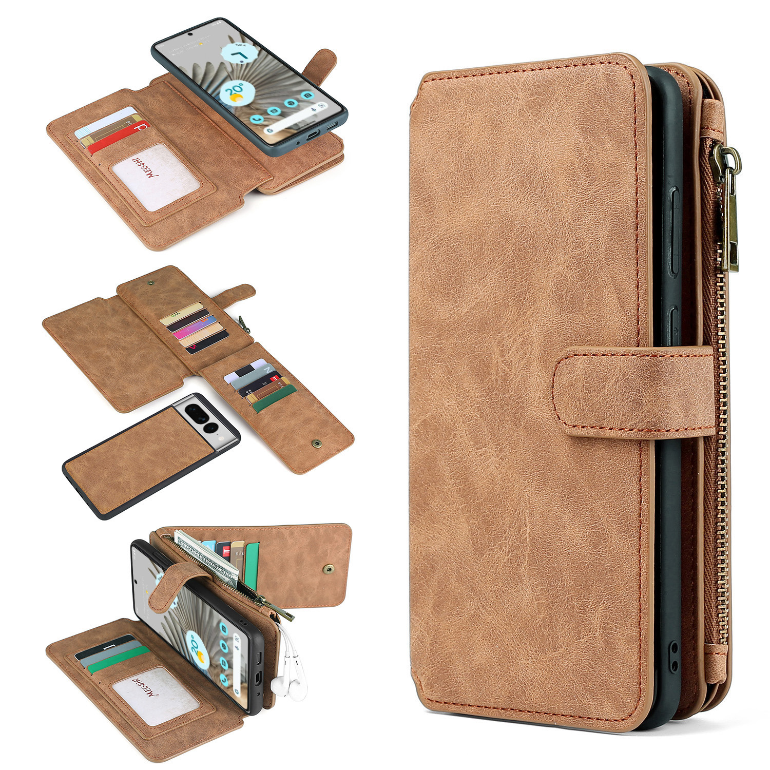 

MEGSHI 007 -serie Für Google Pixel 7 Pro 5G Abnehmbarer Leder -pc+tpu Telefon Hülle Ballet Wallet Cover - Braun, Google Pixel 7 Pro 5G