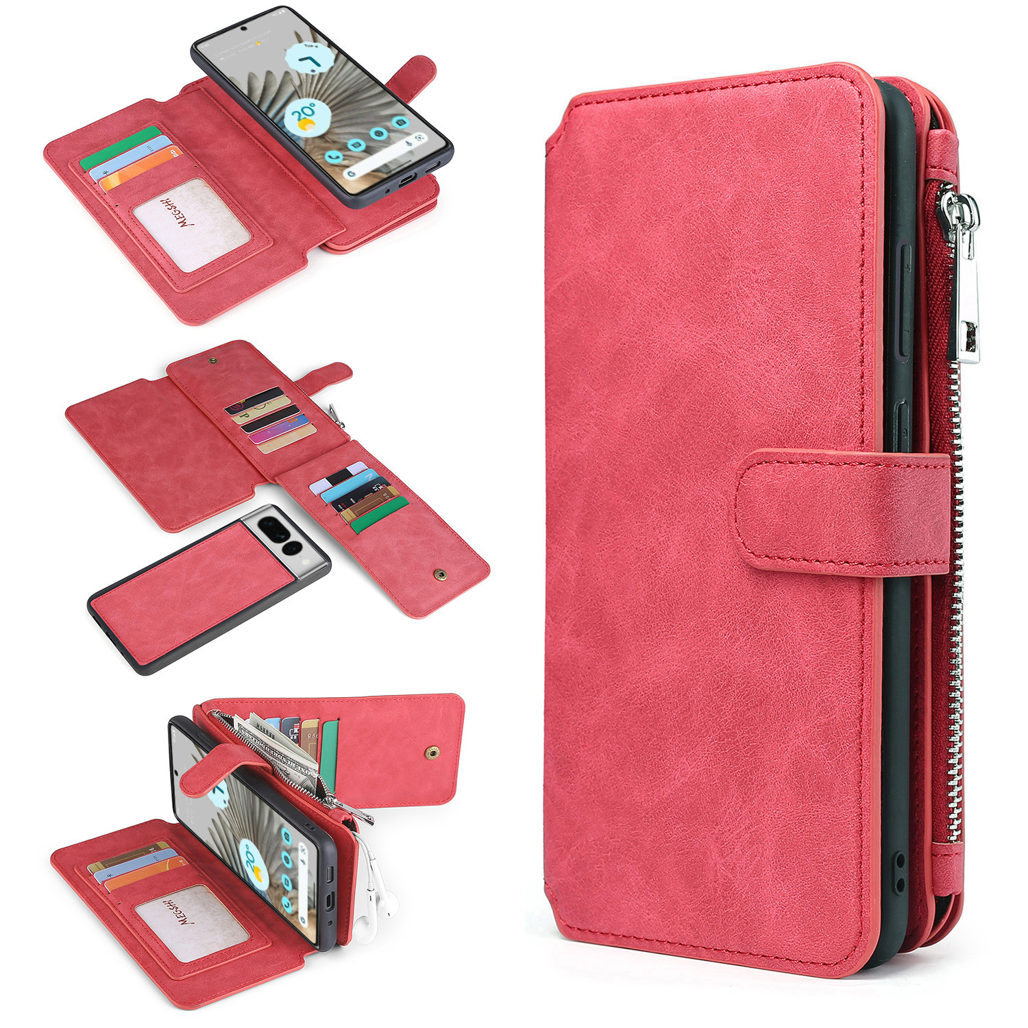 

MEGSHI 007 -serie Für Google Pixel 7 Pro 5G Abnehmbarer Leder -pc+tpu Telefon Hülle Ballet Wallet Cover - Rot, Google Pixel 7 Pro 5G