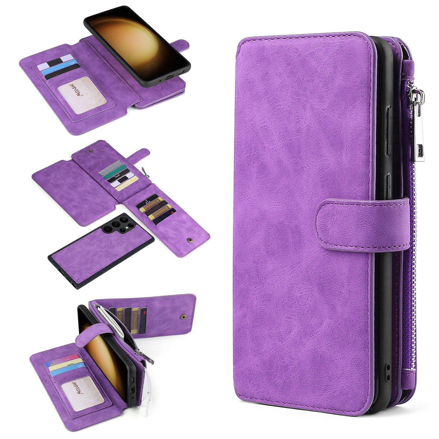 

MEGSHI 007-serie Für Samsung Galaxy S23 Ultra Leder-phone-hülle Wallet Walletable 2-in-1-telefonabdeckung - Lila, Galaxy S23 Ultra