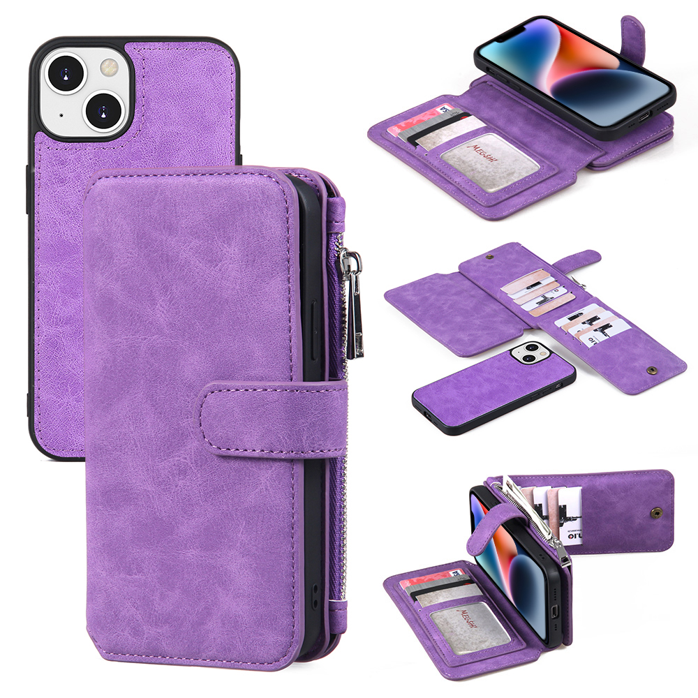 

MEGSHI 007 -serie Für Iphone 14 Plus Abnehmbare Magnetabsorption Telefonbehörde Ständer Brieftasche Lederabdeckung - Lila, iPhone 14 Plus