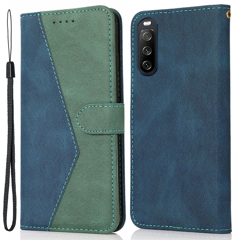 

Für Sony Xperia 10 V PU Leder Telefon Hülle Ständer Farbspleiß Brieftasche Flip Cover - Blau+grün, Sony Xperia 10 V