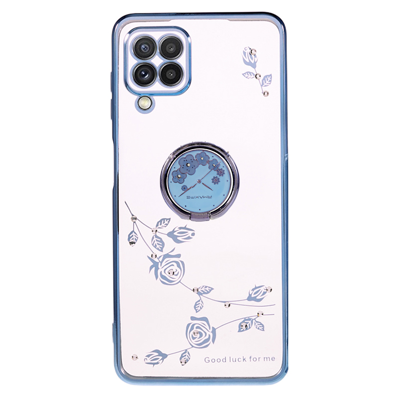 

Für Samsung Galaxy A22 4G (EU -version) Elektroplatte Telefonhülle Strassblüte Muster TPU Kickstand Cover - Blau, Galaxy A22 4G (EU Version)