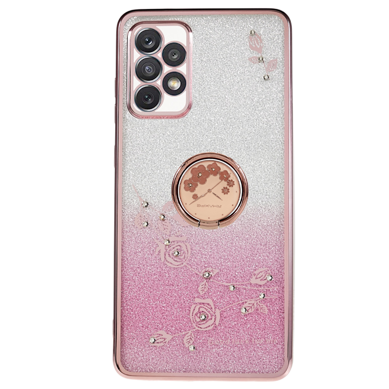 

Für Samsung Galaxy A72 5G / 4G Strassblumenmuster Cover Ring Ring Kickstand Glitzer -gradient TPU Telefon Hülle - Roségold, Galaxy A72 5G