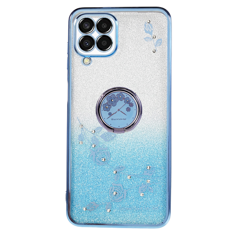 

Für Samsung Galaxy M33 5G (Global Version) Kickstand TPU -fall -gradienten Glitzer Strassblumenmuster Telefonabdeckung - Blau, Galaxy M33 5G (Global Version)