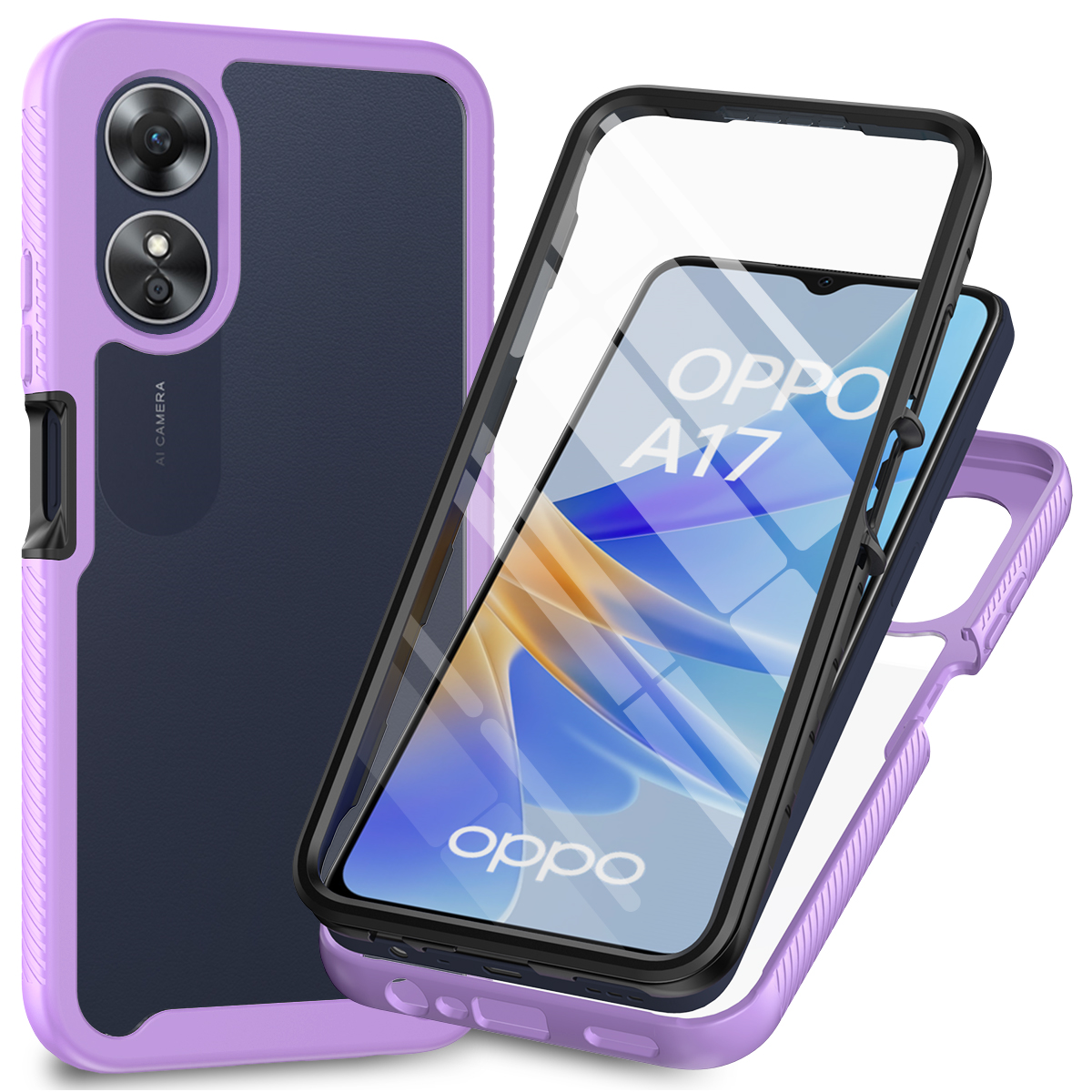 

Für Oppo A17 4G Schockdichte PC+TPU -telefonhülle Transparente Telefonabdeckung Mit PET Screen Protector - Lila, Oppo A17 4G