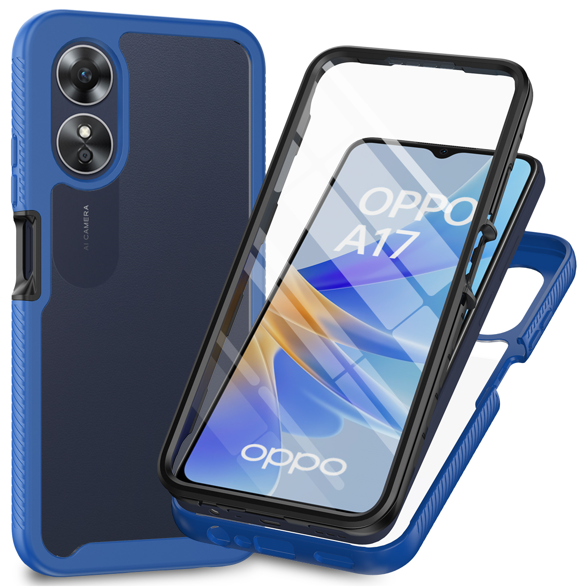 

Für Oppo A17 4G Schockdichte PC+TPU -telefonhülle Transparente Telefonabdeckung Mit PET Screen Protector - Dunkelblau, Oppo A17 4G
