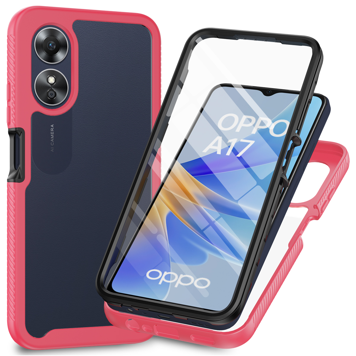 

Für Oppo A17 4G Schockdichte PC+TPU -telefonhülle Transparente Telefonabdeckung Mit PET Screen Protector - Rosa, Oppo A17 4G