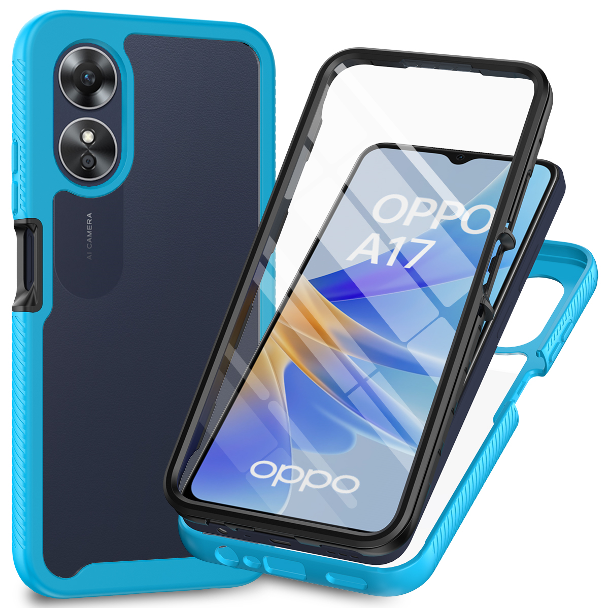 

Für Oppo A17 4G Schockdichte PC+TPU -telefonhülle Transparente Telefonabdeckung Mit PET Screen Protector - Baby Blau, Oppo A17 4G