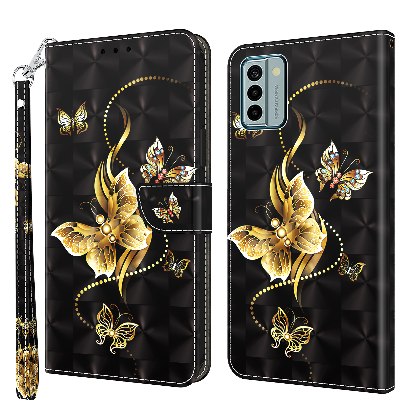 

Für Nokia G22 3D -muster Druck PU Leder -hülle Wallet Stand Handyabdeckung Mit Riemen - Goldener Schmetterling, Nokia G22