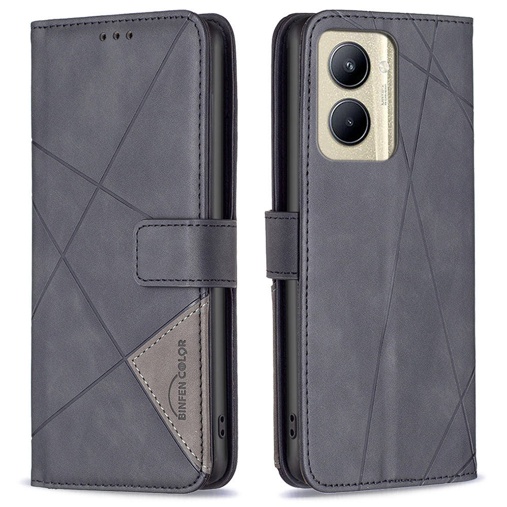 

Binfen Farbe BF05 Telefonabdeckung Für Realme C33 4G Geometrische Geometrische Brieftaschenstand PU Ledertasche - Schwarz, Realme C33 2023 4G