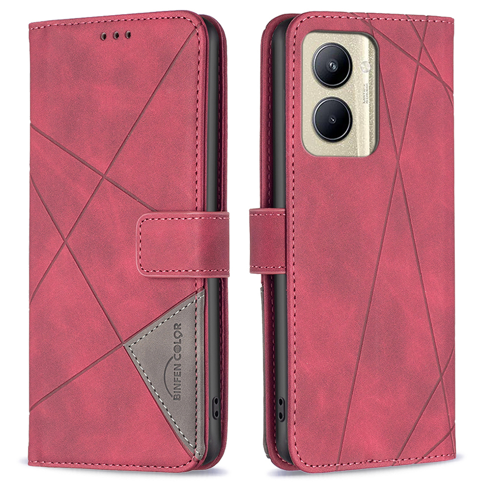 

Binfen Farbe BF05 Telefonabdeckung Für Realme C33 4G Geometrische Geometrische Brieftaschenstand PU Ledertasche - Rot, Realme C33 2023 4G